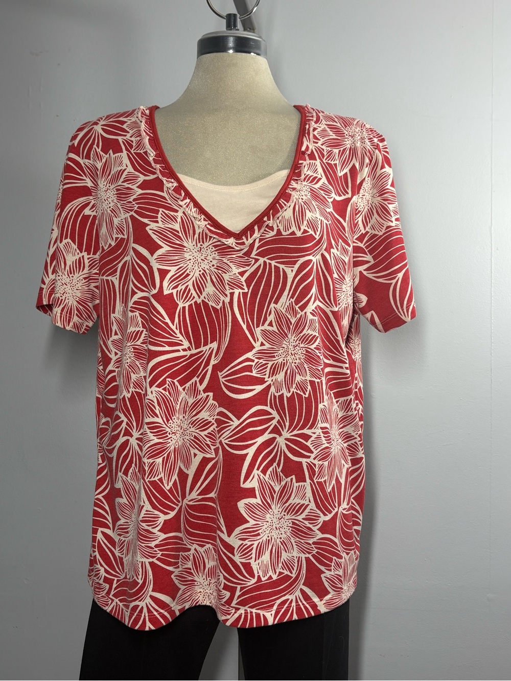 Red Floral V‑Neck Layered Blouse with Cream Inset